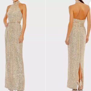 MAC DUGGAL 11281 SEQUINED HALTER NECK BELTED SOFT TIE CHAMPAGNE GOWN sz 4